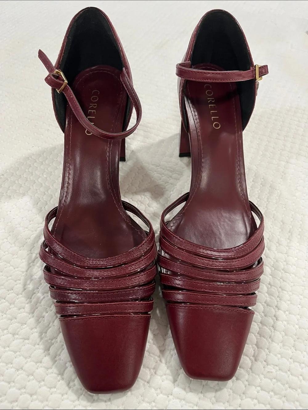 Corello Burgundy Leather Strappy Block Heel Pumps Ankle Strap Square Toe US 9